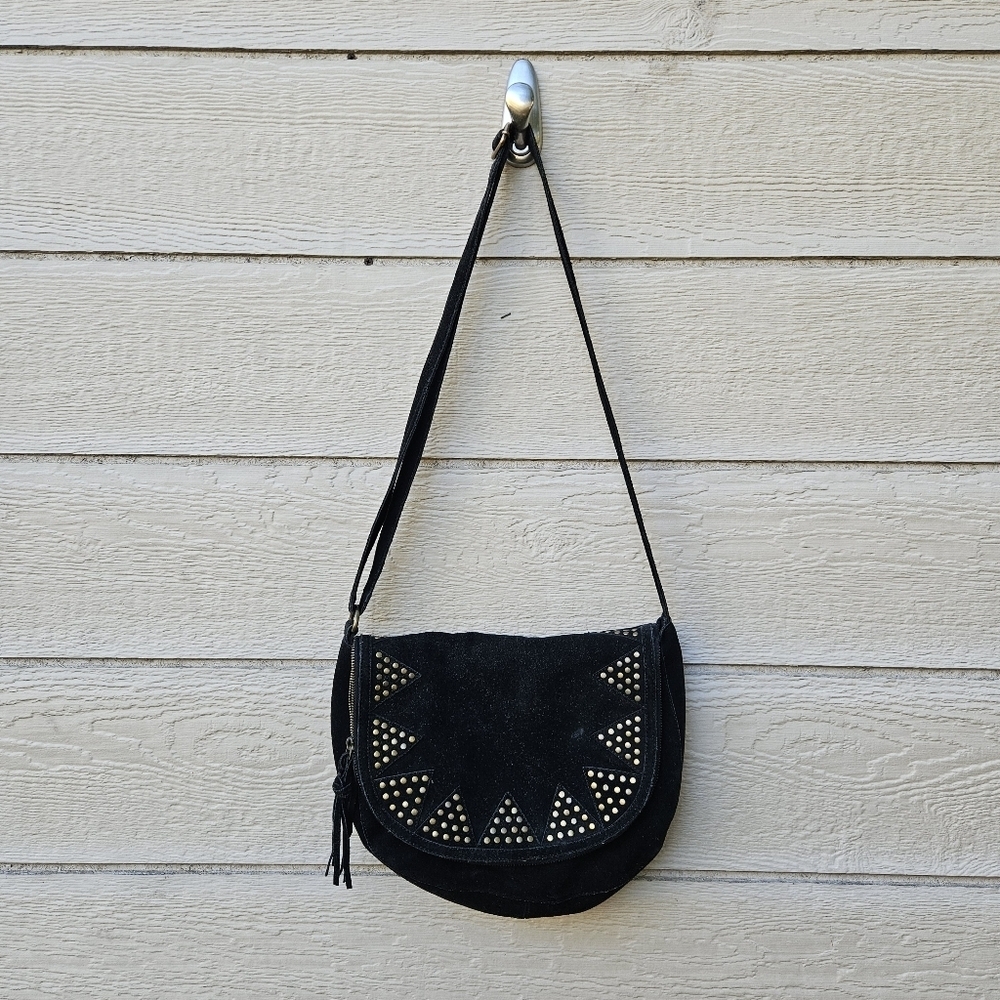 Brora black suede saddle bag with gold tone studs